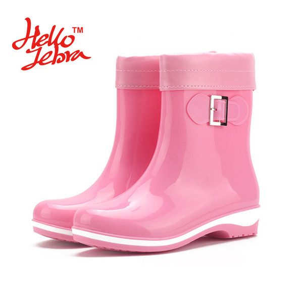 Hellozebra Women Rain Boots Ladies Comfortable Mid-Calf Solid or Flower Heel Waterproof Charm Rainboots 2016 New Fashion Design Solid or Mix