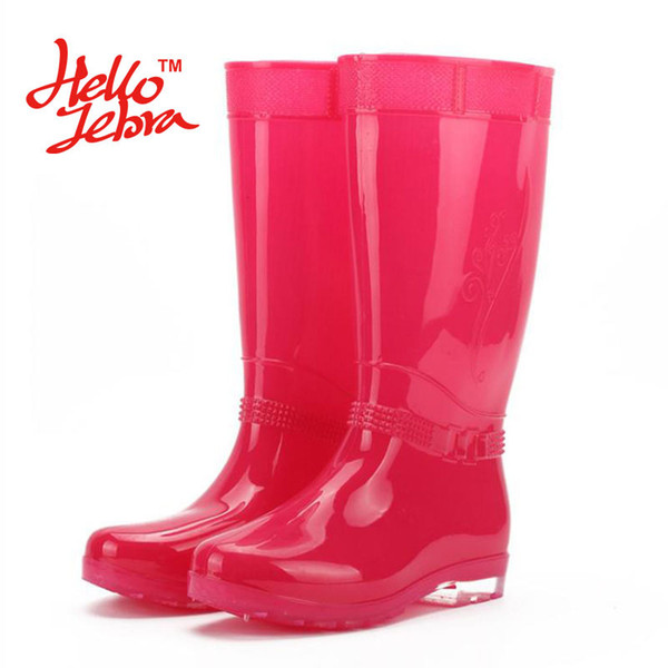 Hellozebra Women Rain Boots Ladies Comfortable Knee High Solid Round Toe Slip Waterproof Charm Rainboots 2016 New Fashion Design High Tall