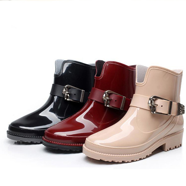 New Design Rain Boots Waterproof Flat With Shoes Woman Rain Woman Water Rubber Ankle Boots Buckle Strap