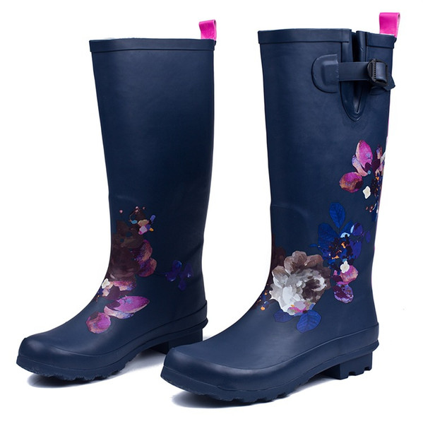 Hot Sale-PLUS BIG SIZE:35-42 Fashion Women Rubber Rain Boots Anti-slip Flower Print Rainboots Tall Wellies Knee-high Water Shoes Woman