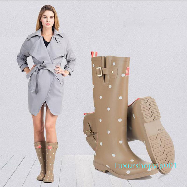 Hot Sale-Rain Boots Printing Polka Dot Ladies Rubber MIid-Calf Heels Waterproof Buckle Rainboots 2016 New Fashion Design Women Dot Rain