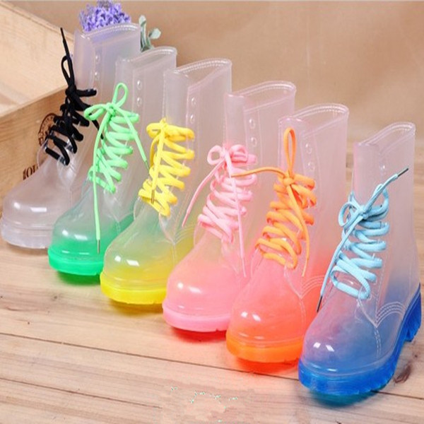 Free Shipping PVC Transparent Womens Colorful Crystal Clear Flats Heels Water Shoes Female Rainboot Martin Rain Boots