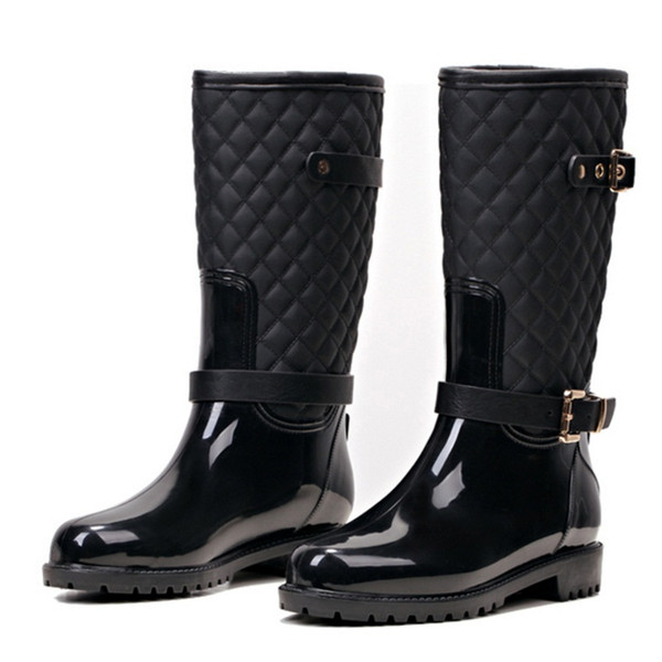 Hot Sale--calf High Heels Rain Boots Slip-On Waterproof Low Solid Size Chunky Heel Design Buckles Shoes