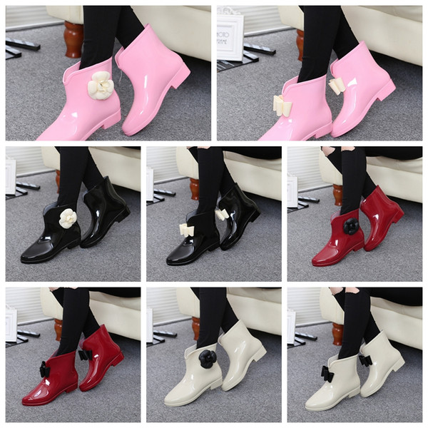 Women's rain shoes south Korean rain boots flower bowknot antiskid low short water shoes rubber shoes add velvet autumn and winter