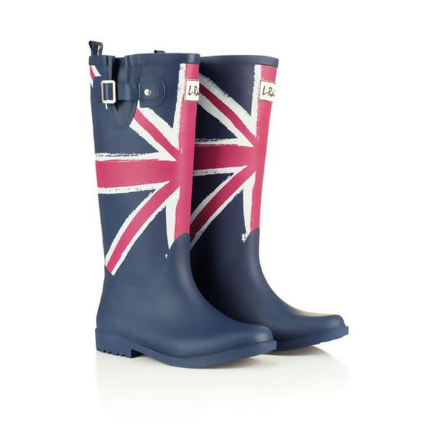 Hot Sale-Rain Boots Printing Flag Classic Ladies Rubber MIid-Calf Heels Waterproof Buckle Rainboots 2016 New Fashion Design Tall Blue