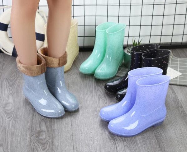 Women New Arrival Rain Shoes Boots Mid Calf Antiskid Design Low Square Heels Winter Add Cotton Spring Autumn