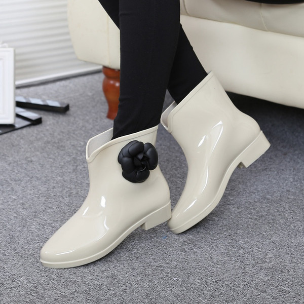 Hot Sale-an rain boots flower bowknot antiskid low short water shoes rubber shoes add velvet autumn and winter