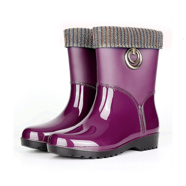 Rain Boots Lady New Women PVC Fur Warm Rain Boots Solid Short Tube Low Heel Female Shoes Adult Waterproof Jelly Rubber Boots Candy Color