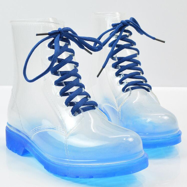 Hot Sale-mens Colorful Crystal Clear Flats Heels Water Shoes Female Rainboot Martin Rain Boots