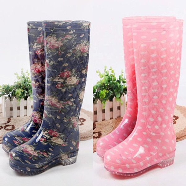 2016 New Fashion Rubber Boots For Women Floral Rain Shoes High Knee Boots Rain Boots Women's/Ladies's Antislip Flats Shoes Outdoor Waterproo