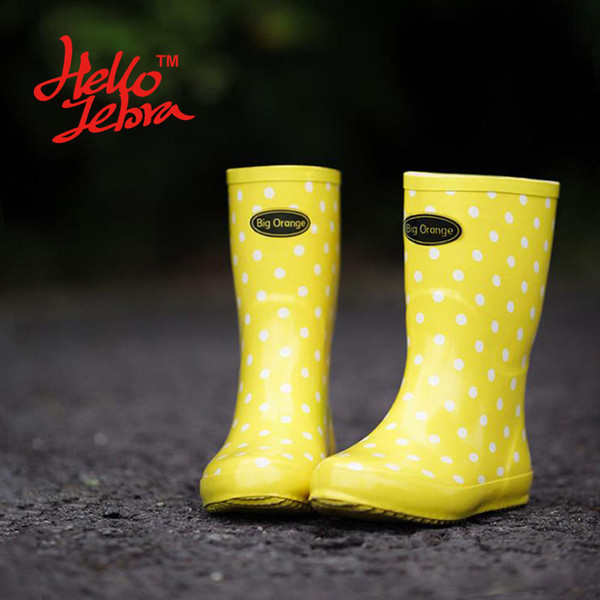 Women Rain Boots Lomen Yellow White Polka Dot Ladies Hoof Heels Mid Calf Waterproof Round Toe Rainboots 2016 New Fashion Design Big Orange