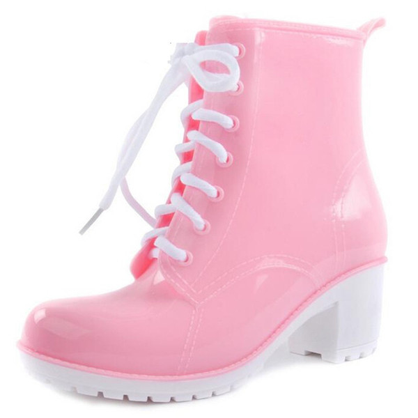 NEW Rain Boots Women Ankle Boots Platform High Heels Rubber Shoes Woman Lace Up Rain boots Candy Color Size 36-41