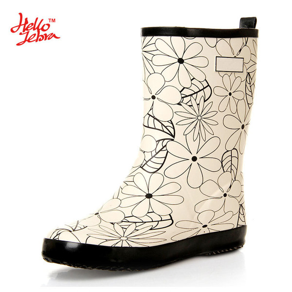 Hellozebra Women Rain Boots Elegant Mosaic Tube Female Rubber Rain Boots Floral Mid-Calf Slip On Comfortable Soft Water Shoes