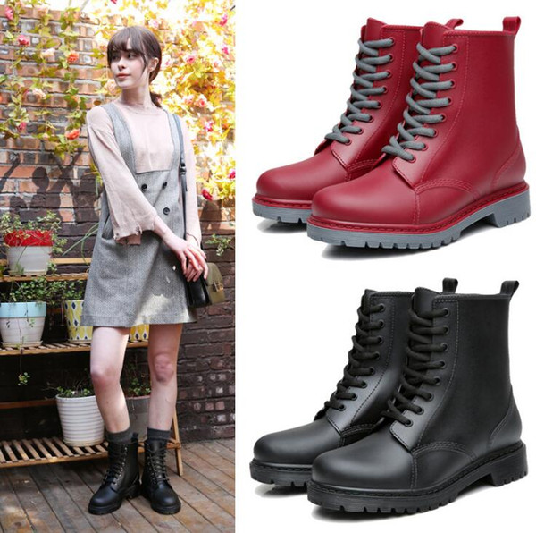 Fashion Ladies Rain Boots Waterproof Shoes Woman Water Rubber Lace Up Martin Rainboots Sewing Solid Flat Water Shoes