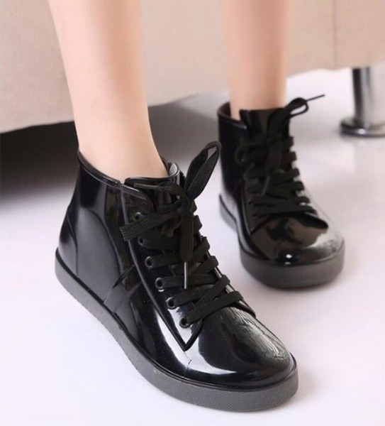 Shoes Women Lace-Up Rain Boots Fashion Solid Flats Shoes Casual Round Toe Women Ankle Boots Jelly Waterproof Shoes Martin Boots