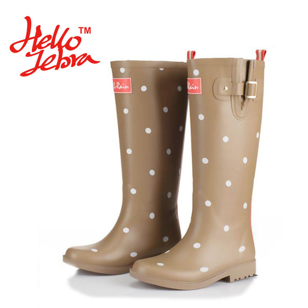 Women Fashion Rain Boots Printing Polka Dot Ladies Rubber MIid-Calf Heels Waterproof Buckle Rainboots 2016 New Fashion Design Women Dot Rain