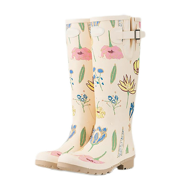 Women Tall Rain Boots Ladies Low Hoof Heels Waterproof Graffiti Buckle High Nubuck Round Toe Rainboots Fashion