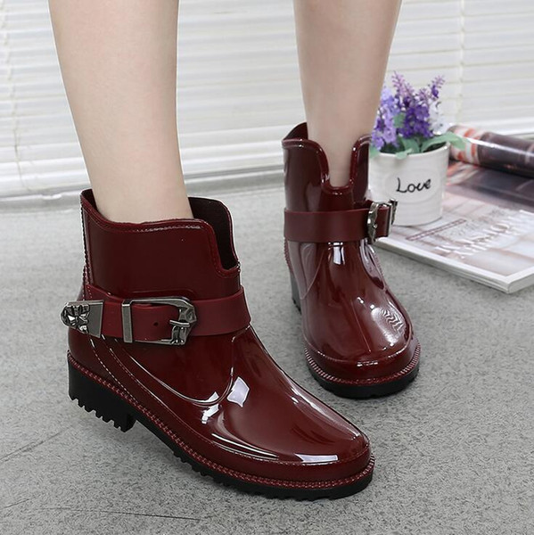 3 Colors Fashion New Rain Boots For Women Buckle Platform Slip On PVC Waterproof Motorcycle Ankle Flat With Woman Rainboots