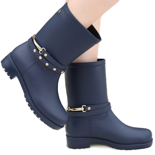 new design rain boots waterproof flat with shoes woman rain woman water rubber midcalf boots elastic band botas