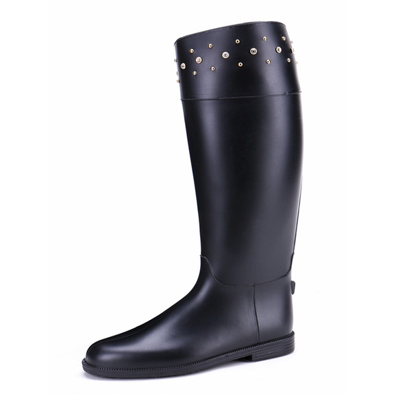 New Arrival Women Horse Riding Boots with Zipper Decorative Diamond Waterproof Fashion Rain Boots