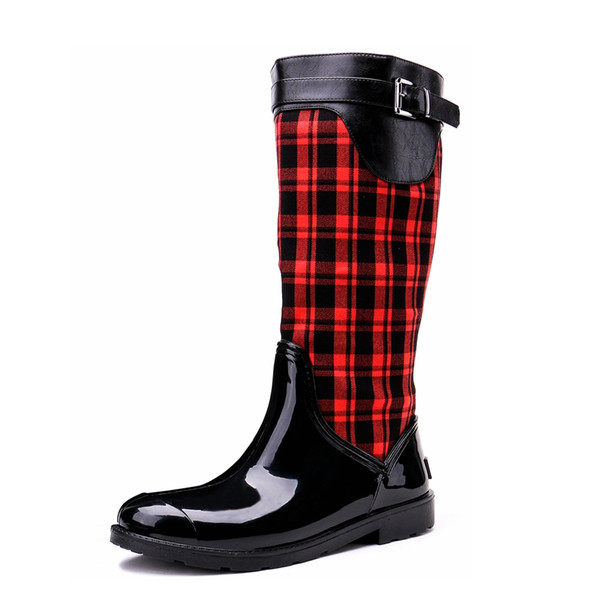 Black and Red Fashion Design Women's Mid-Calf Side Zipper Waterproof Outdoor Rain Boots