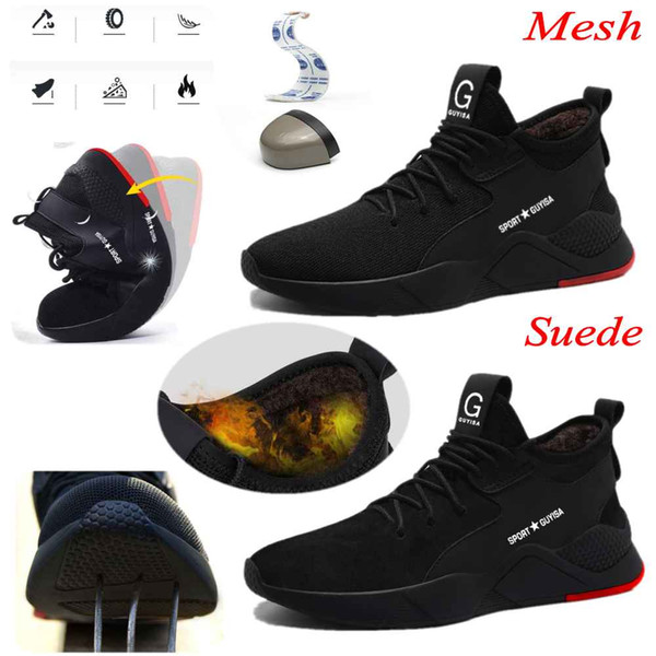 Safety Shoes Mesh Suede Steel Toe Cap Sport Outdoor Work Hiking Trail Mens Plus Velvet Winter Warm Shoes Protective Footwear Trainers Boots