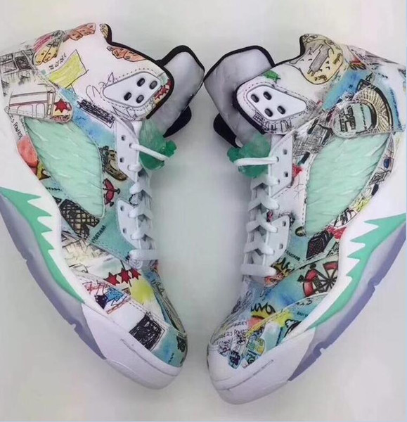 New Jumpman V 5 Wings White Green ICe Blue Graffiti Basketball Shoes for Best quality Mens Trainers 5s Sports Sneakers Size 8-13