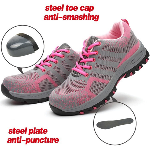 Women Durable Breathable Protective Shoes Breathable Air Mesh Steel Toe Caps Work Safety Shoes Anti-Smashing Puncture Proof Shoes 35-40