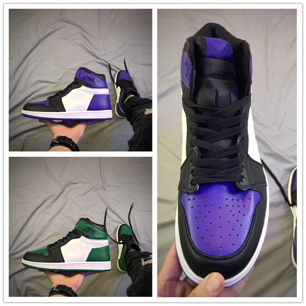 2018 New Arrived Jumpman 1 Black Court Purple Pine Green Sports Basketball Shoes for Top Women Mens 1s Fashion Trainers Sneakers Size 36-46