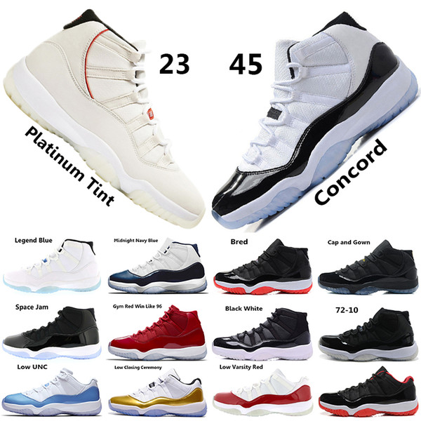 Concord 45 XI 11s Men Basketball Shoes Platinum Tint Gym Red Win Like 96 Mens Designer Shoes Cap and Gown 11s Sports Sneakers