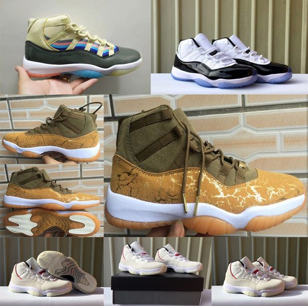 2019 New Prom Night Jumpman 11 XI Basketball Shoes for men Olive Gold PRM Heiress Concord 23 45 Trainers 11S fashion sport Sneakers