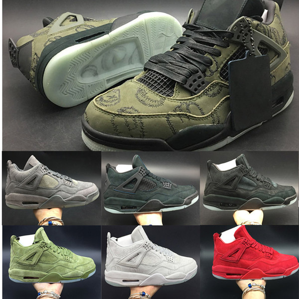 Released 4 Basketball Shoes 4s KAWS Graffiti Designer Limited Athletic Sport Sneakers Green Cool Grey Red Casual Trainers Boxed