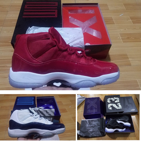 With Box 11 Mens basketball shoes 2016 Space jam 45 Gym Red Patent Leather + Nylon Black Concord 11s Women trainer Midnight Navy