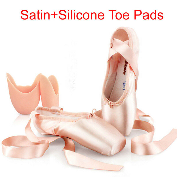Adults Women Girl Lace-Up Pink Satin Upper Ribbon Dance Gymnastic Professional Ballet Pointe Shoes with Gel Silicone Toe Pad EUR Size 31-43