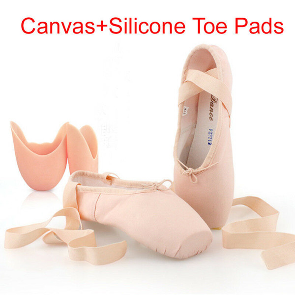 Adults Women Girl Lace-Up Pink Canvas Upper Ribbon Dance Gymnastic Professional Ballet Pointe Shoes with Gel Silicone Toe Pad EUR Size 31-43