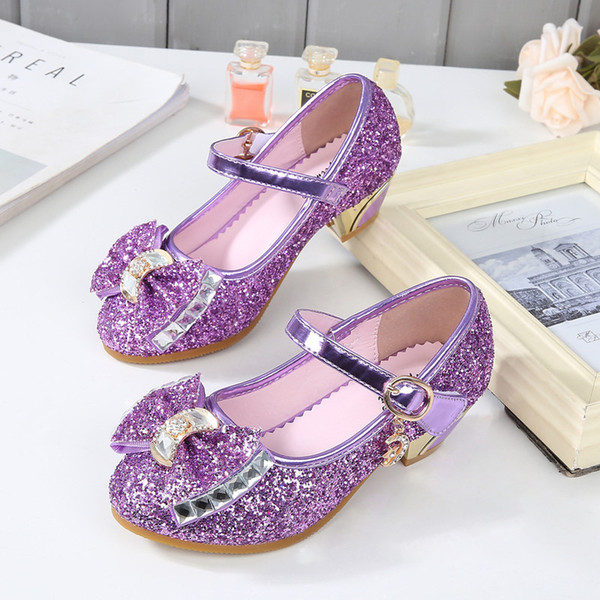 Hot Sell2020 New Girls High Heels Shoes Sequined Autumn Shoes Frozen Princess Shoes Childrens Students biao yan xie Purple Free Shipp