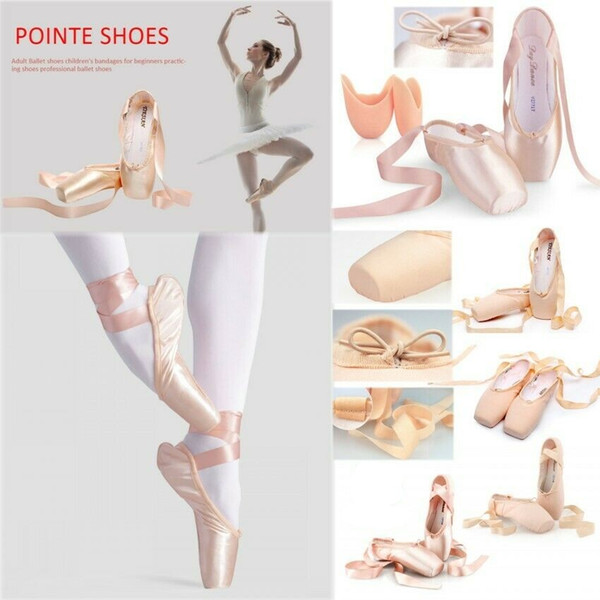 Adult Women Girls Lace-Up Pink Canvas Upper Ribbon Dance Gymnastic Professional Ballet Pointe Shoes with Gel Silicone Toe Pad EUR Size 31-43