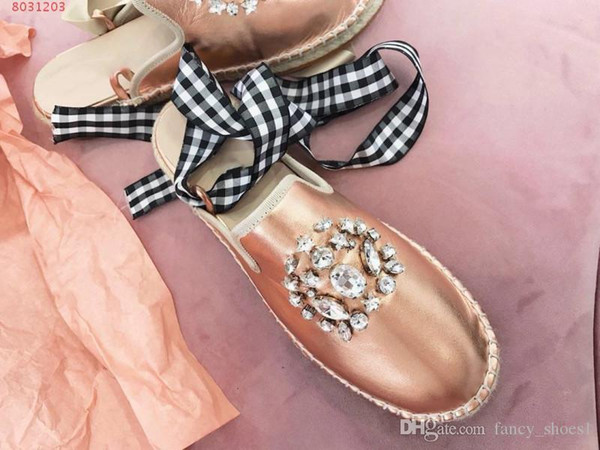 summer new style Banding crystal Metal cowhide toe cap Baotou flat bottom Handmade hemp rope Ballet women shoes