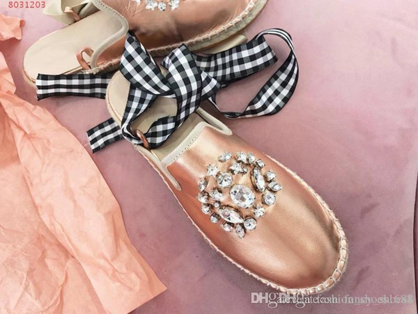 summer new style Banding crystal Metal cowhide toe cap Baotou flat bottom Handmade hemp rope Ballet women shoes