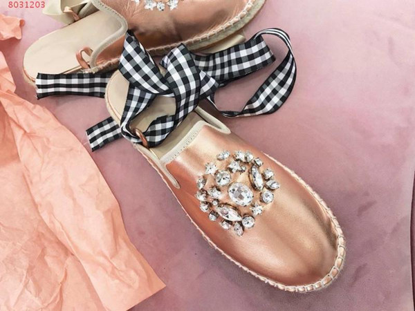 summer new style Banding crystal Metal cowhide toe cap Baotou flat bottom Handmade hemp rope Ballet women shoes