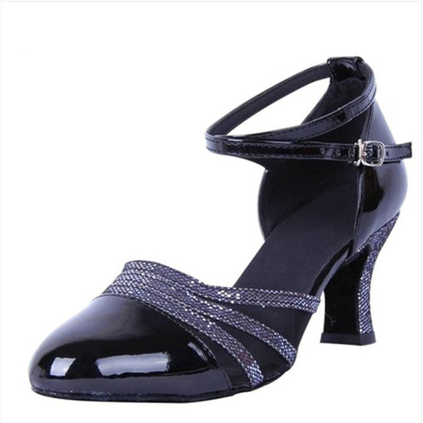 Womens Beaded Straps Latin Ballroom Dance Shoes Mesh Insert Closed-toe PU Leather Tango Dancing Heels with Ankle Straps