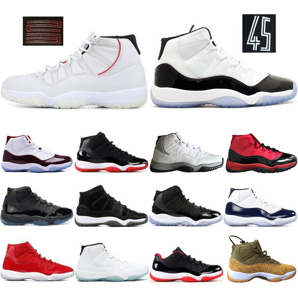 New Arrival Concord 45 Olive Lux 11 Basketball Shoes 2019 Black Red 11s Cap and Gown Platinum Tint White gray Mens sports Sneakers