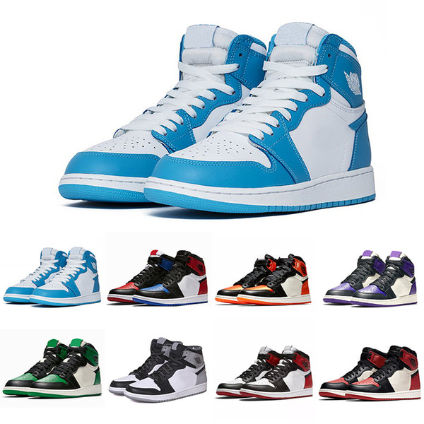 2019 New Arrival 1 High OG Basketball Shoes Black Toe Barons Court Purple Pine Green cheap Men 1s Shattered Backboard UNC Sneakers 7-13