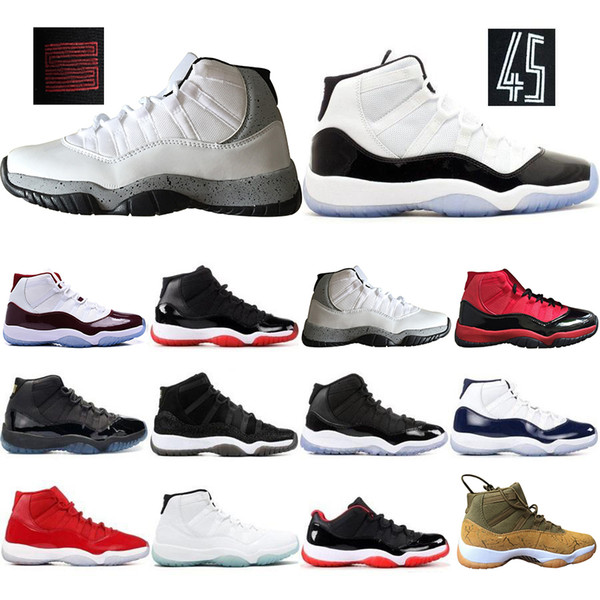 Newest Concord 45 Olive Lux 11 Basketball Shoes 2019 Black Red 11s Cap and Gown Platinum Tint White gray Mens sports Sneakers