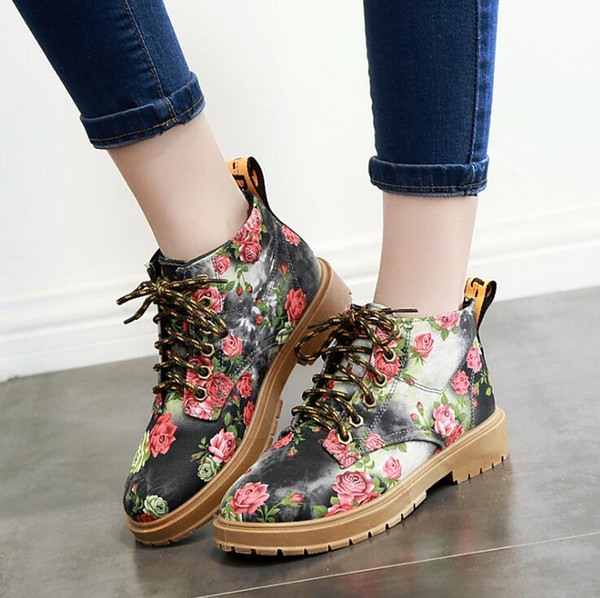 Hot Sale- clothing single shoes new jeans fragmented flower boots flat heel printing Vintage high-top Martin boots high-top Boots women's