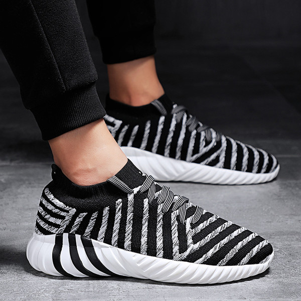 Men Socks Shoes Slip On Soft Flywire Running Shoes Male Sport Shockproof Shoes Autumn Boots Round head Sneakers Gym Zebra Stripe Shoe Black