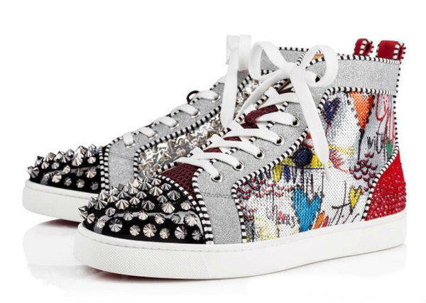 New Season Red Bottom Sneakers Men Shoes Luxury Print Silver Pik Pik No Limit RARE studs and rhinestones graffiti