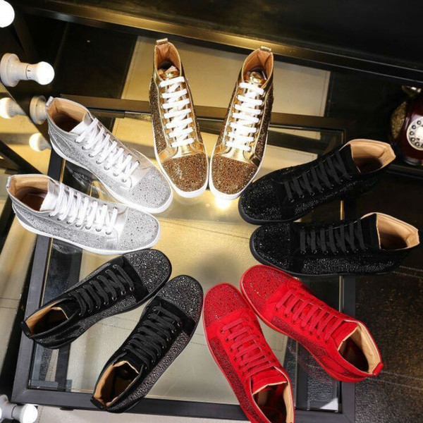 2017 men women rhinestone high top shoes famous designer brand red bottom Sneakers mens loubbis shoes with box and dustbag