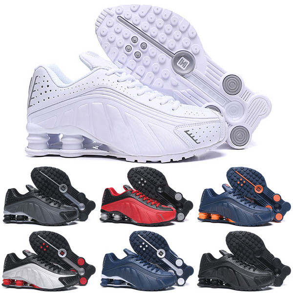 2019 Shox Mens Running Shoes R4 Metallic Silver Black White Red Breathable leather Trainers chaussure homme Sports Sneakers size 40-46