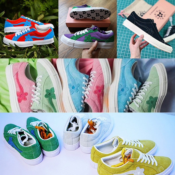 2018 New TTC The Creator x One Star Golf Le Fleur Wang Suede Red Blue Purple Green Yellow Pink Sunflower Casual Skate Shoes With Bag Box